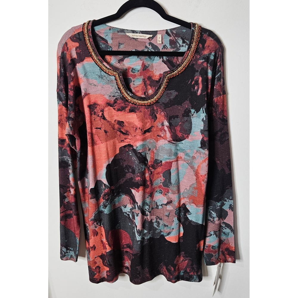 Soft Surroundings NEW $99 Domenica Printed Top Java Marble Beaded Neckline M